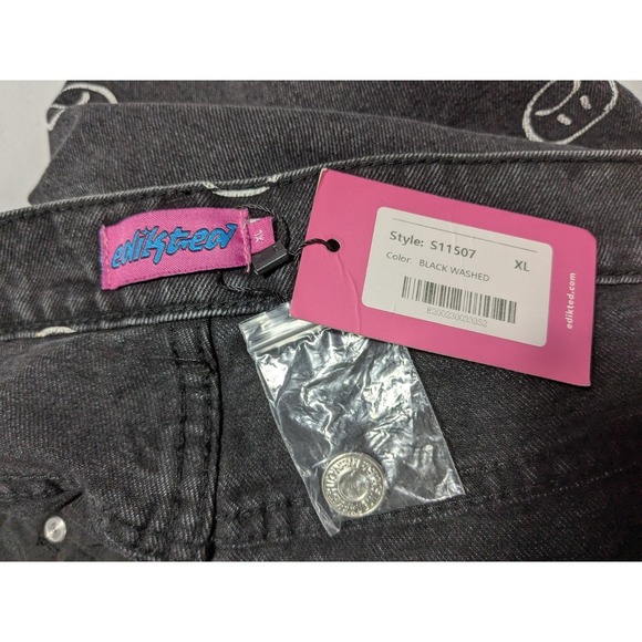 EDIKTED MOODY EMOJI AOP Women Size XL Wide-Leg Black Washed Denim Jeans NEW - Picture 4 of 15